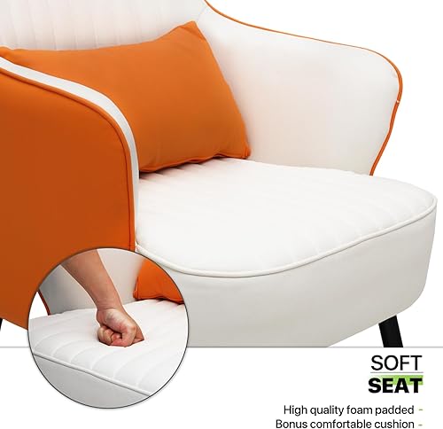 Miniatura 7 de Magshion Sillón de cuero sintético moderno de mediados de siglo con almohada lumbar, cojín de asiento grueso, capacidad de 550 libras, color blanco