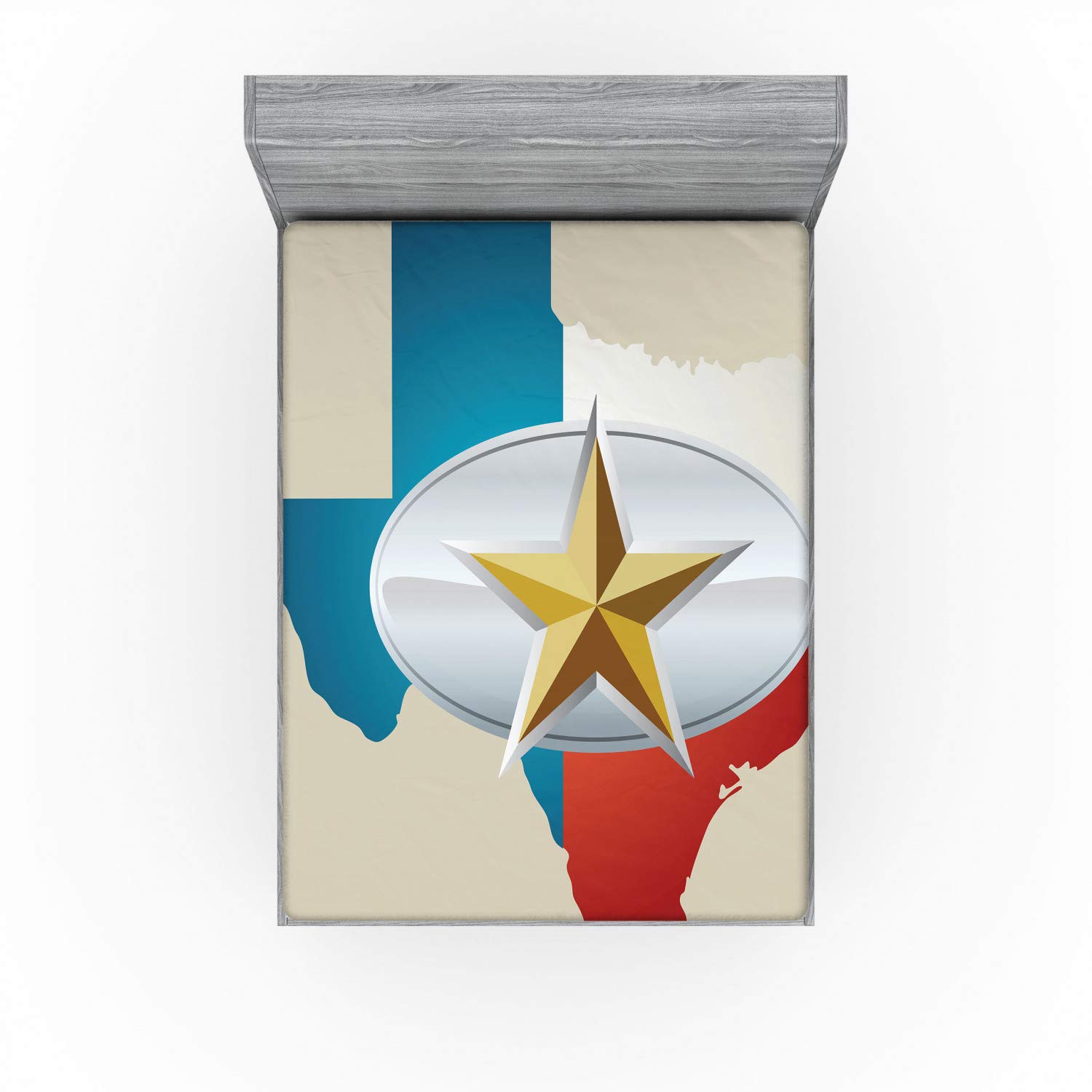 Ambesonne Texas Star Fitted Sheet, Cowboy Belt Buckle Design Map Southwestern Parts of America, Bed Cover with All-Round Elastic Deep Pocket for Comfort, King Size, Beige Blue Scarlet