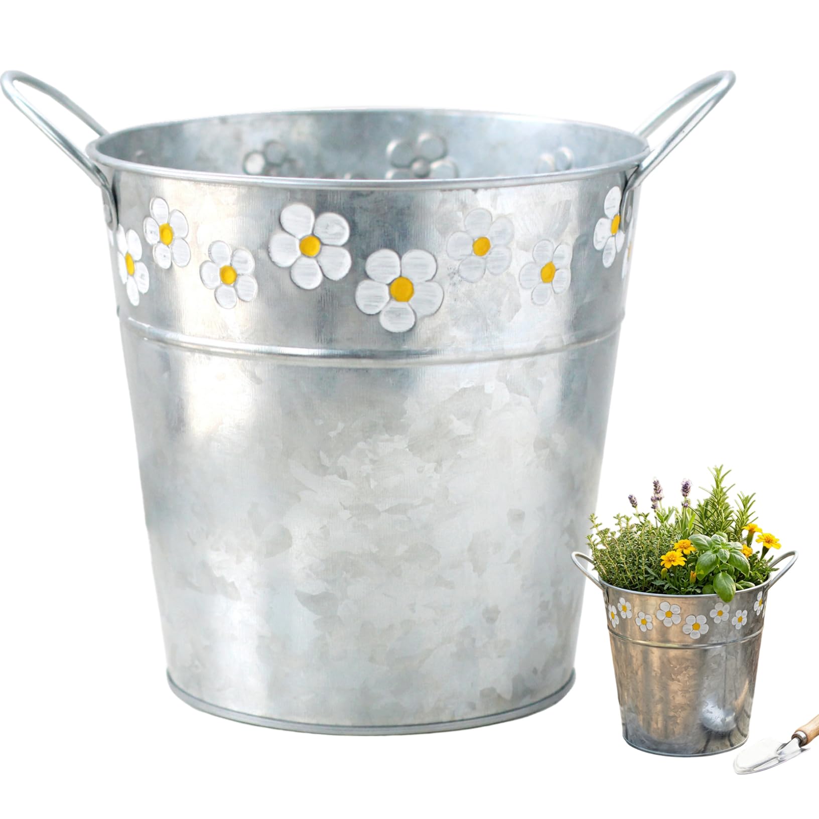 Latemeia Galvanized Flower Bucket, 6x6.7inch Flower Patten Metal Planter Buckets with Handles, Farmhouse Rustic Tin Container for Herbs, Succulents, Wedding or Tabletop Decor