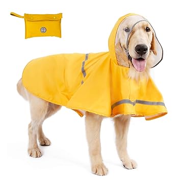 Reflective Dog Raincoat with Hood & Harness Hole for Small|Medium|Large Dogs Puupy, Hoodie Rain Jacket Poncho Clothes Waterproof,Magic Tape Closure Adjustable, A Bonus Storage Bag, Easy to Use/Store