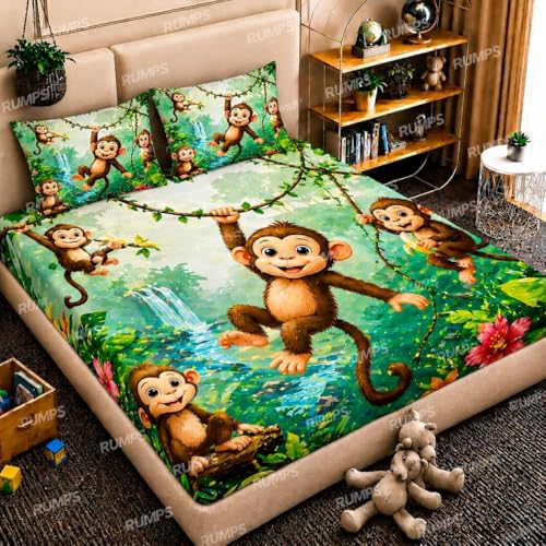 Image of RUMPS 7D Cartoon Monkey Printed Flat Bedsheet King Size 90x100 Inch with 2 Pillow Covers 16x26 Inch | Kids Cartoon Bedsheet | Soft Microfiber Double Bedsheet