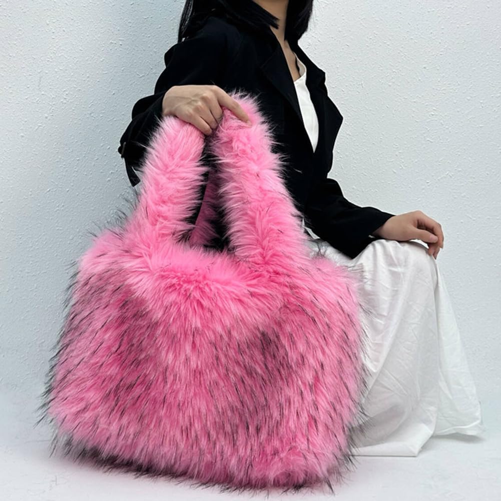 Fluffy Tote Bag for Women Girl, Cute Fuzzy Large Capacity Handbag Faux Fur Bag Furry Purse, Soft Plush Shoulder Bag, Pink