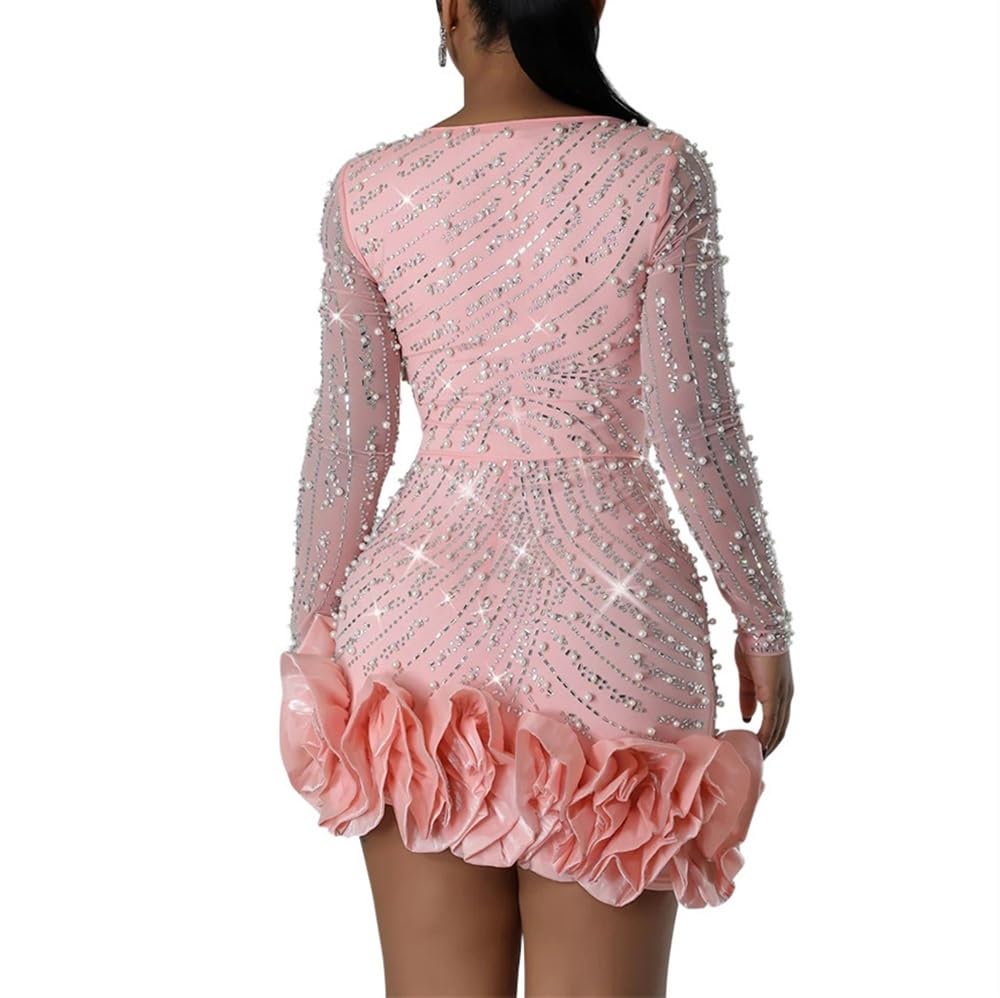 Mini Vestido Ajustado De Manga Larga De Malla De Corte Bajo para Mujer Traje Plisado De Moda con Diamantes De Imitación Y Dobladillo con Volantes para Fiesta Y Club Nocturno