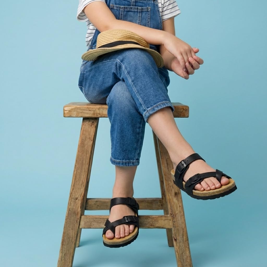 CUSHIONAIRE Luna Kids Sandals, Supportive Cork Footbed Slides for Kids, Boys and Girls with Adjustable Buckles and Comfortable Fit, BLACK 13 - Image 9
