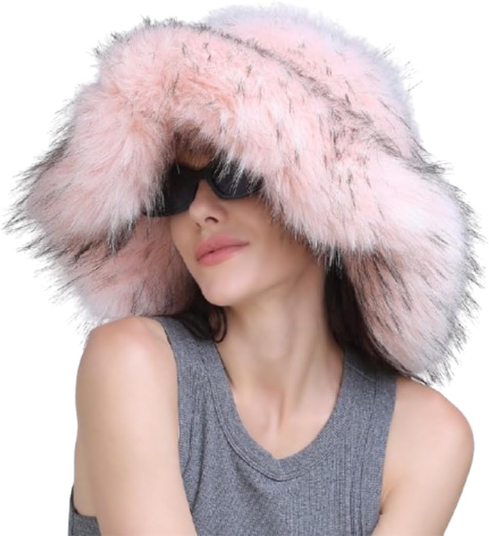 Women's Furry Bucket Hat Winter Faux Fur Plush Hats Warm Fisherman Cap Fluffy Wide Brim Bucket Hats Cloche Hat Outdoor