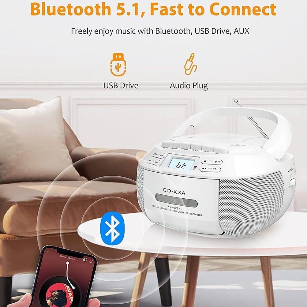 Lettore CD portatile con cassetta, FM, Bluetooth 5.1, USB/AUX, altoparlante stereo, registrazione, telecomando (nero)