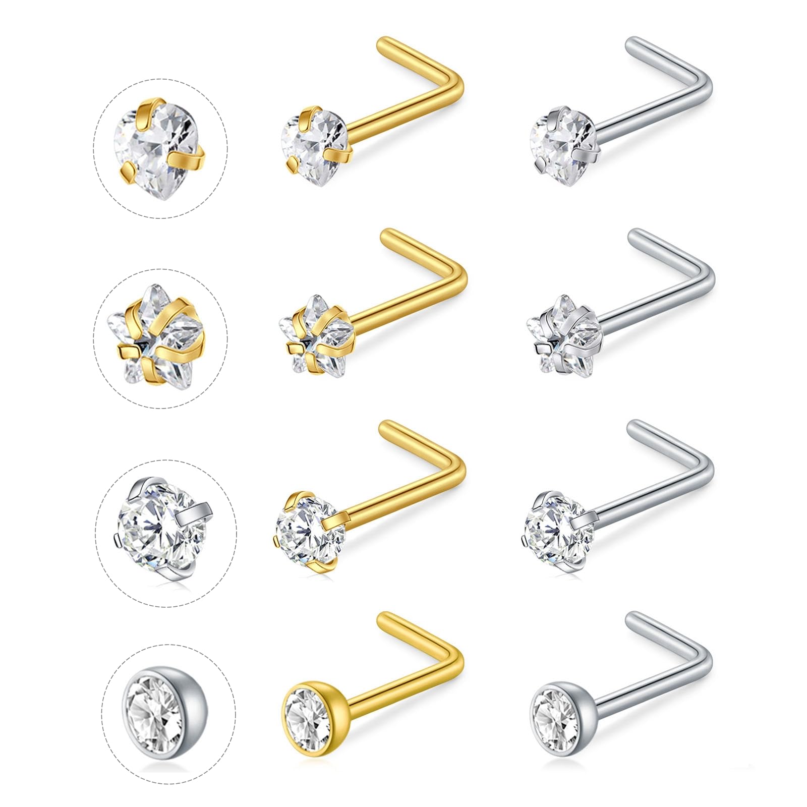 NIUSIMAN 8PCS Piercing nariz Oro Plata 20G,Piercing nariz acero quirurgico Set de Oro delgada barra de cristal de la nariz Piercing Kit de Oro Piercing Bares Set Regalo para Mujeres Hombres Niñas