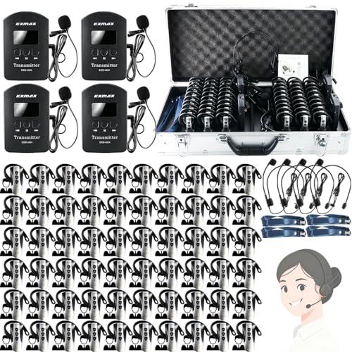 EXMAX® EXD-6824 Handfree 2.4G Wireless Tour Guide System 9999 Channels for Church Translation Equipment Tour Guide Interpreter Coach Trainee Worship (4 Transmitters 60 Receivers 64-slot Charging Case) miniatura 1