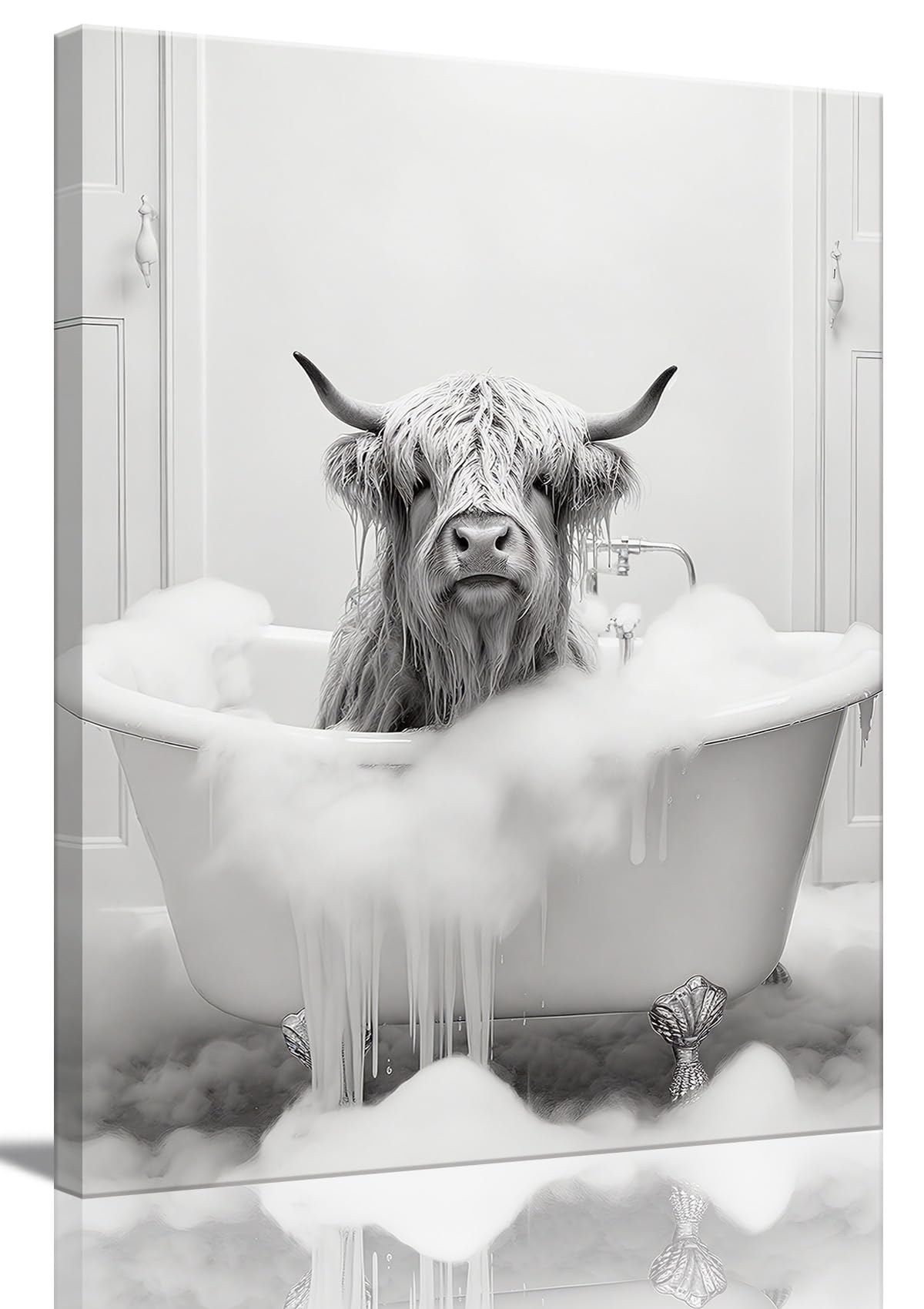 OIQArtOIQ Funny Bathroom Framed Wall Art Black and White Animal Canvas Wall Art Prints Highland Cow In Bathtub Pictures Wall Decor Modern Minimalist Humorous Artwork For Restroom