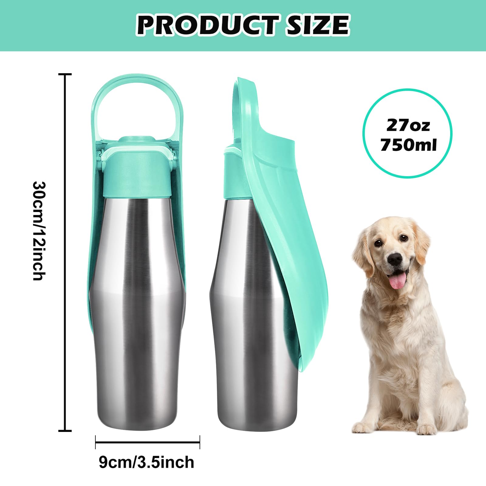 Borraccia per cani, portatile, 750 ml, in acciaio inox, per cani, design pieghevole a 180°, ideale per allenamento all'aperto e idratazione