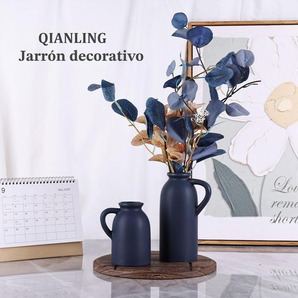 Jarrones de Cerámica Azul Juego de 3 - Boho Moderno Azul Marino Centros de Mesa y Floreros para Sala, Cocina, Manto, Dormitorio, Mesa de Comedor, Oficina, Casa de Campo, Centros de Mesa