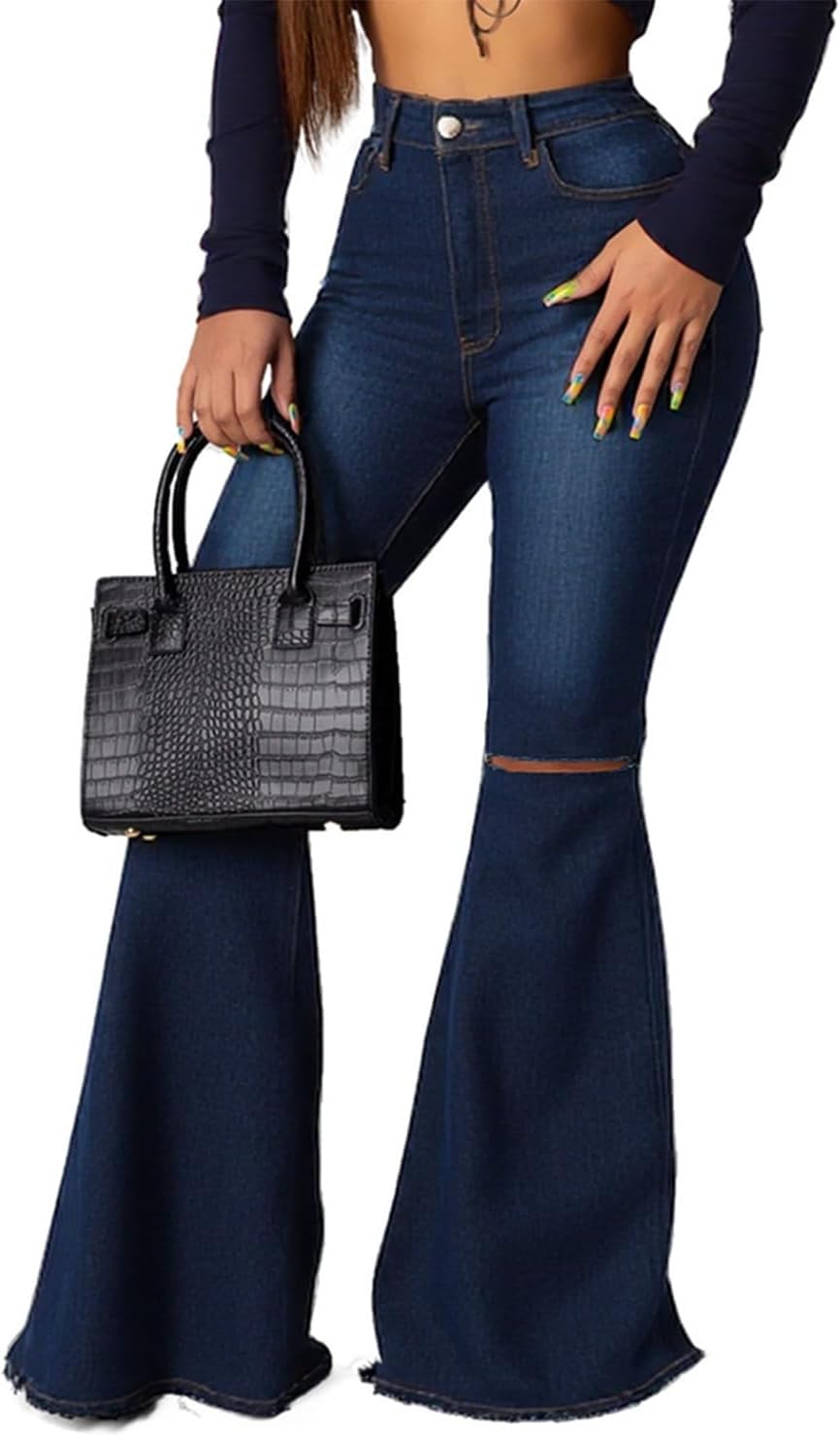 Bell Bottom Jeans for Women High Waisted Stretch Ripped Skinny Hole Classic Raw Hem Denim Flare Pants