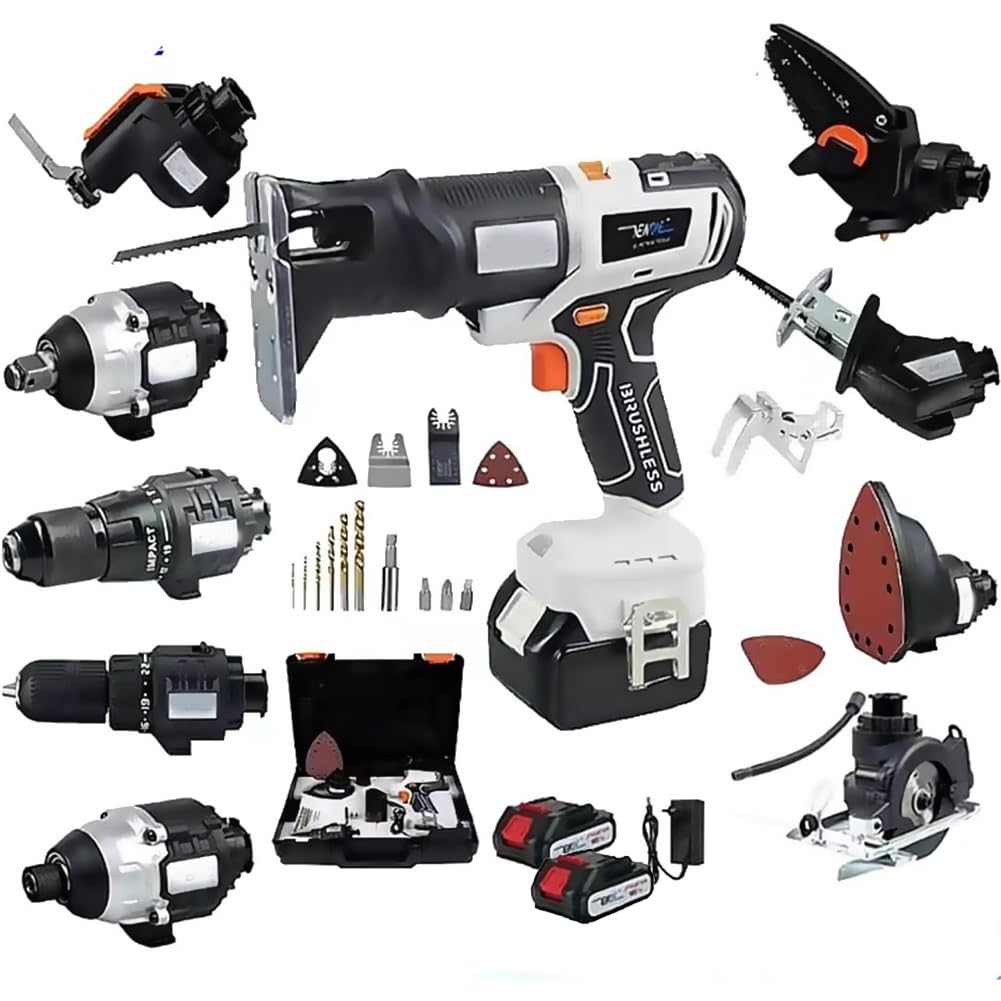 Kit combinato di utensili elettrici 10 in 1, senza spazzole senza fili, sega alternativa, sega circolare, motosega, strumento oscillante, cacciavite, chiave, trapano a percussione, levigatrice