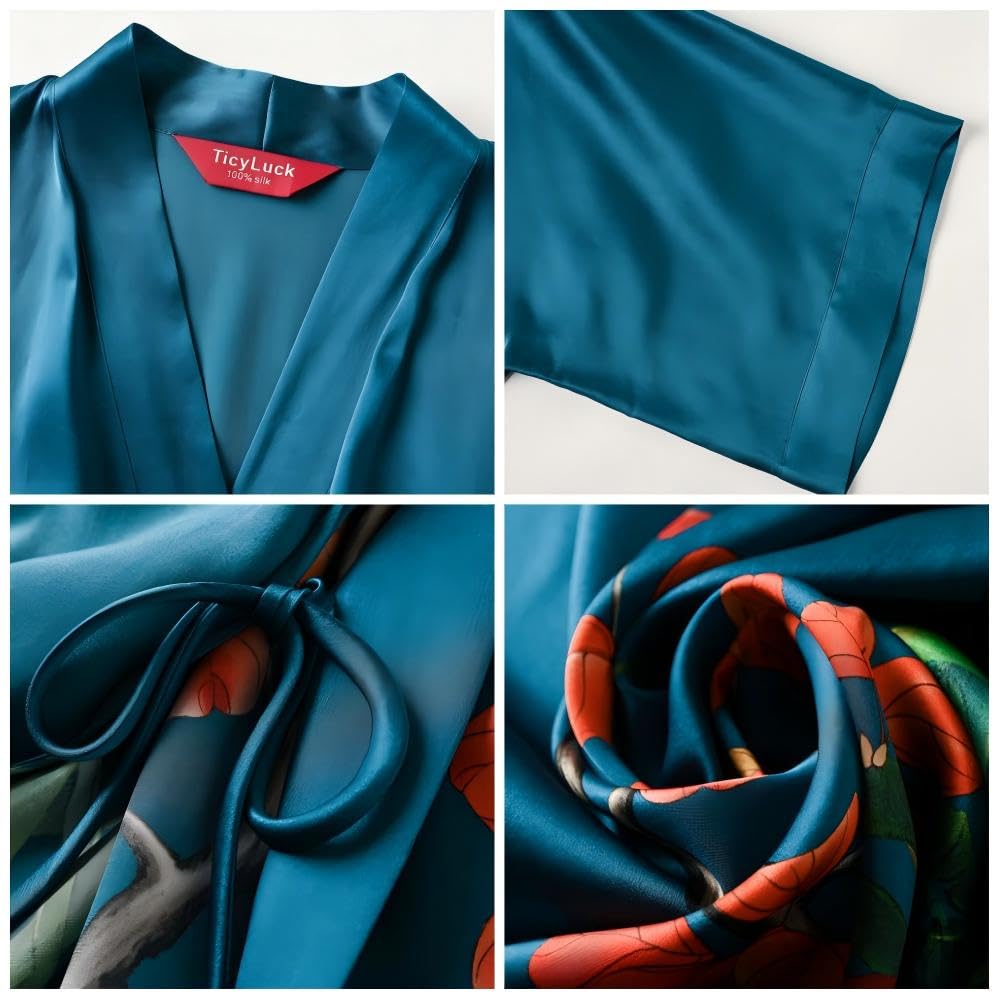 Women's Silk Kimono Robe Long Bathrobe Nightgown 100% Mulberry Silk for Women - Classic Floral Pattern3