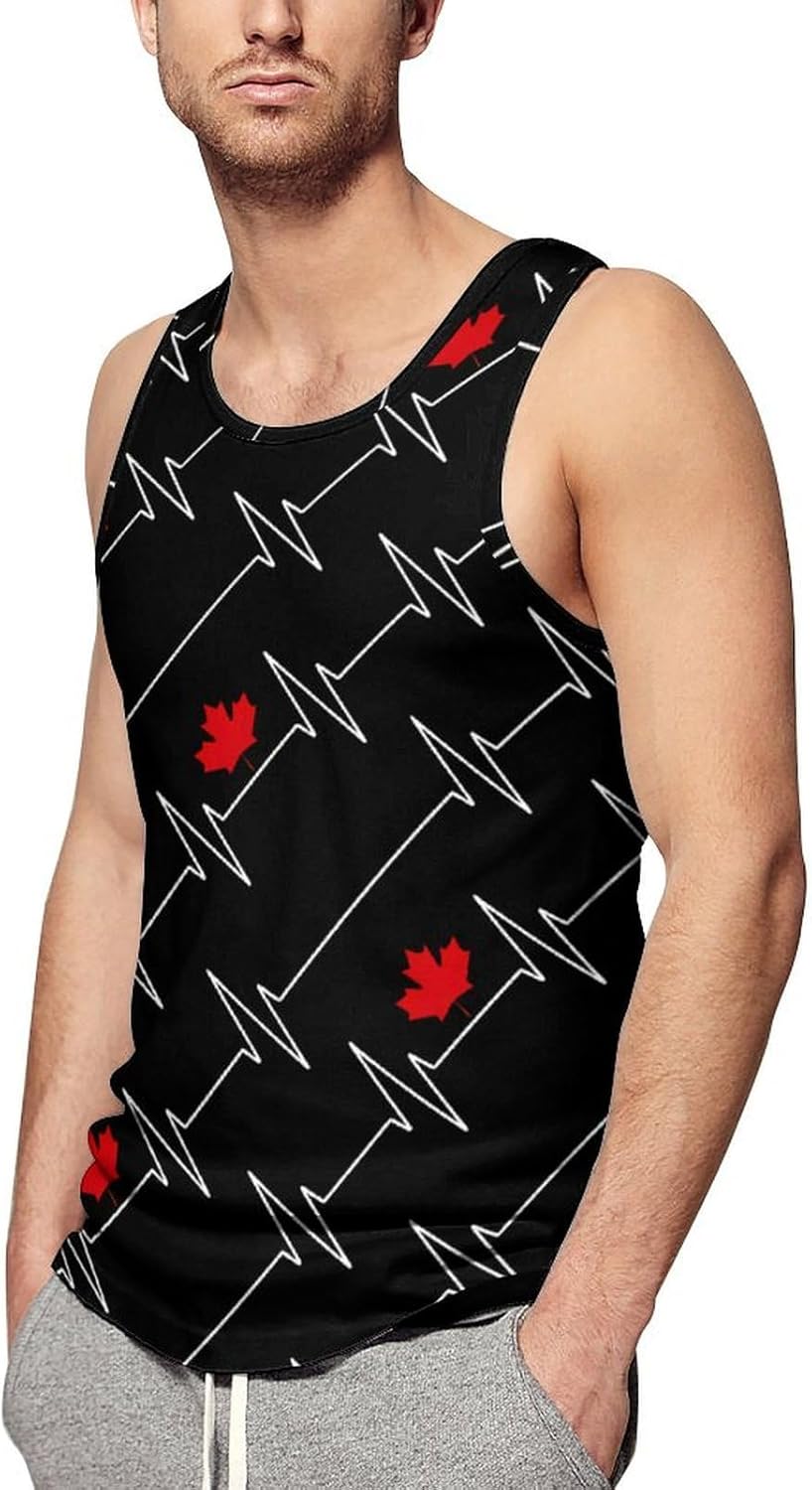 Heartbeat Maple Leaf Canada Flag Men's Tank Top Sleeveless Muscle Shirts Vest Beach T Shirts for Workout Gym