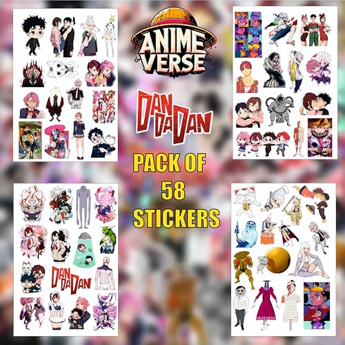 Image of AnimeVerse Pack of 58 Dandadan Anime Stickers for Laptop, Phone, Guitar, Bike, PC, | Waterproof Glossy Vinyl Decals | Residue-Free Anime Stickers Collection (Dandadan)