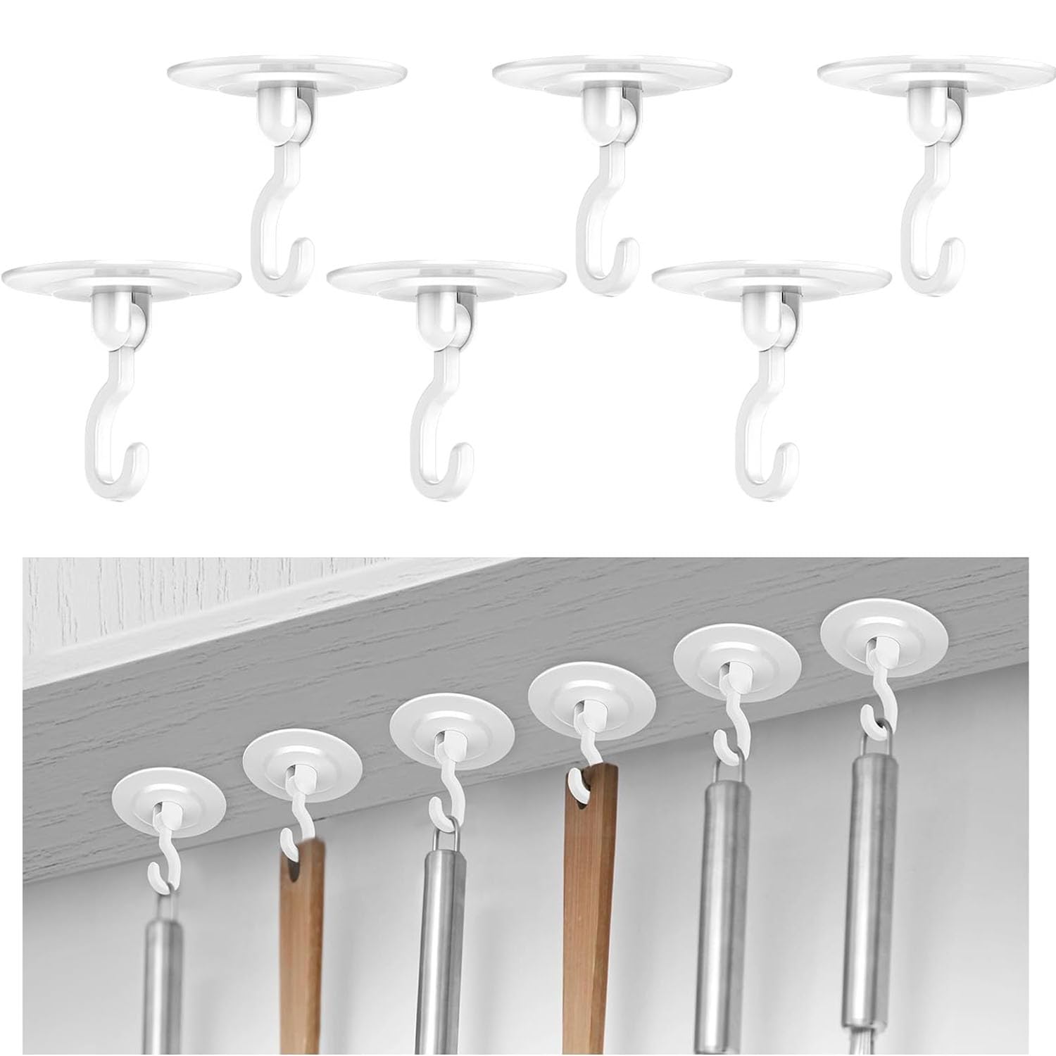 Ceiling Hooks, 6 pcs Transparent BPB Powerful Stainless Steel Eye Hooks, No Hole Hanger, Non-fading Eco-friendly Waterproof Plant Hooks for Ceiling for Bathroom, Bedroom, Kitchen