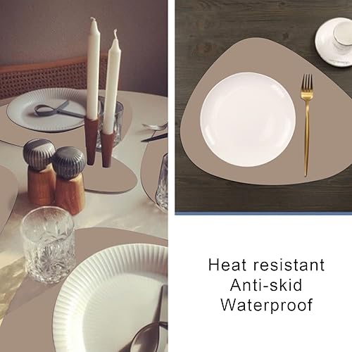 Miniatura 5 de Paquete de 4 manteles individuales de piel sintética de doble cara, ovalados resistentes al calor, para mesa de comedor, impermeables, para mesa de