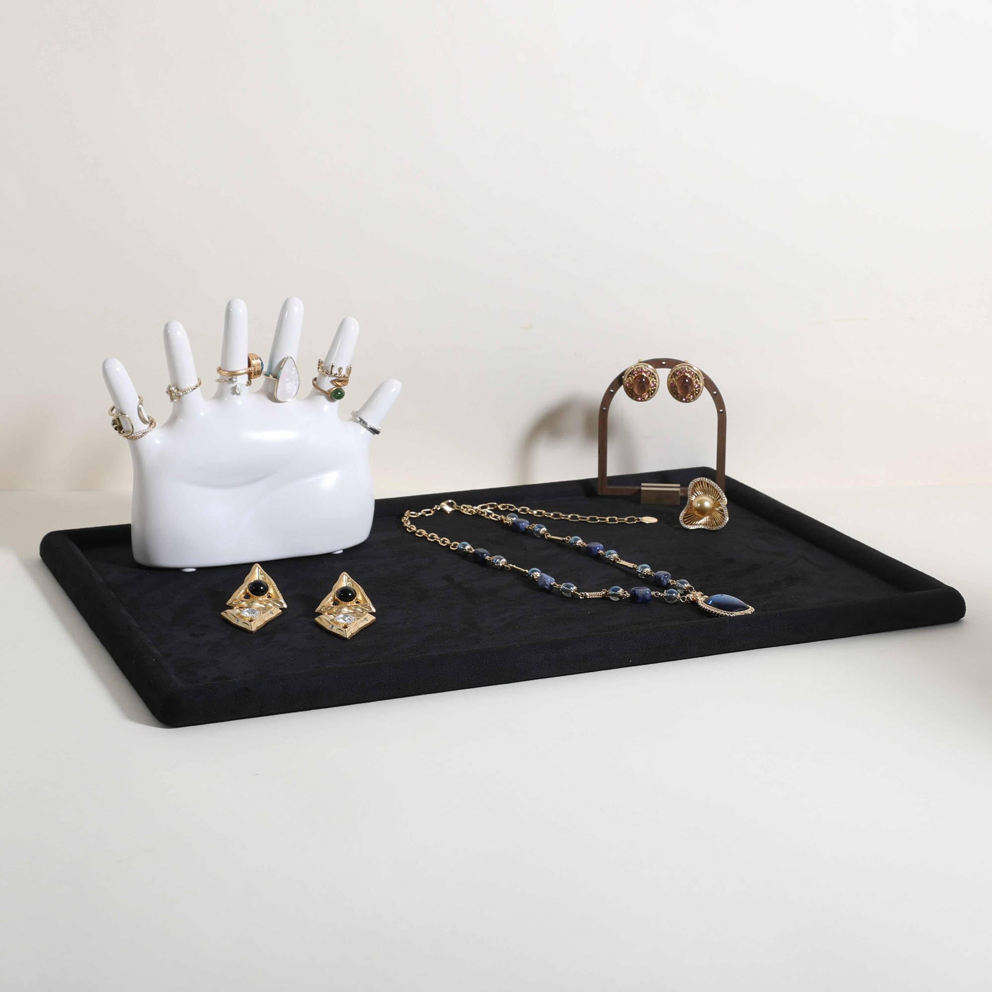Gemehou Sammet-Schmuck-Ausstellungsteller, Top-Mikrofaserschmuck-Lagerorganisatorplatte, Leerer Schmuckvitrinensteller für Halskette, Armband, Ring, Ohrring, Uhr (Schwarz - Groß)
