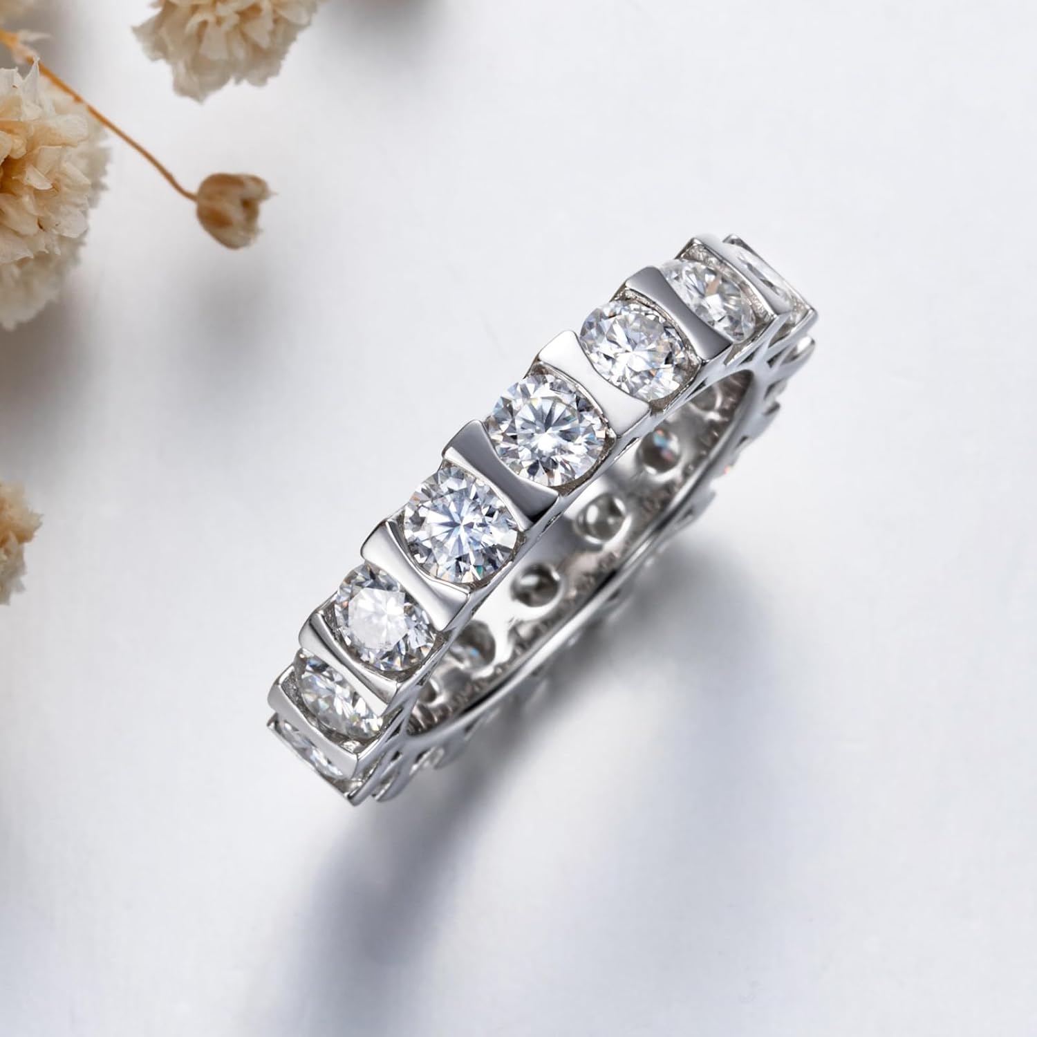 CannyCat Moissanite Eternity Ring 4.0 mm D color VVS 5 CTTW Moissanite Bezel set Eternity Wedding Band for Women Platinum-Plated Silver Anniversary Engagement Stacking Rings