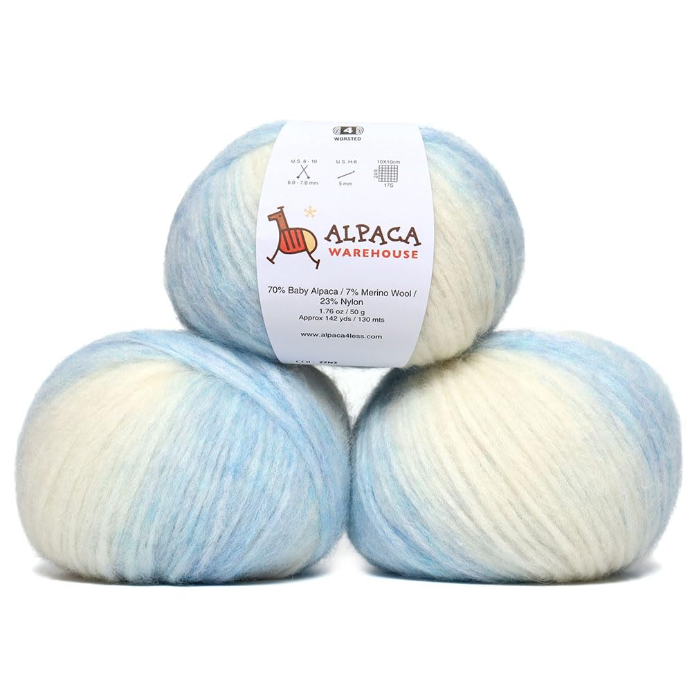 Pullu Baby-Alpaka-Merinowolle, Set mit 3 Knäueln (150 g) Kammgewicht, direkt aus Peru, himmlisch weich und perfekt zum Stricken und Häkeln (Serene Skylight)