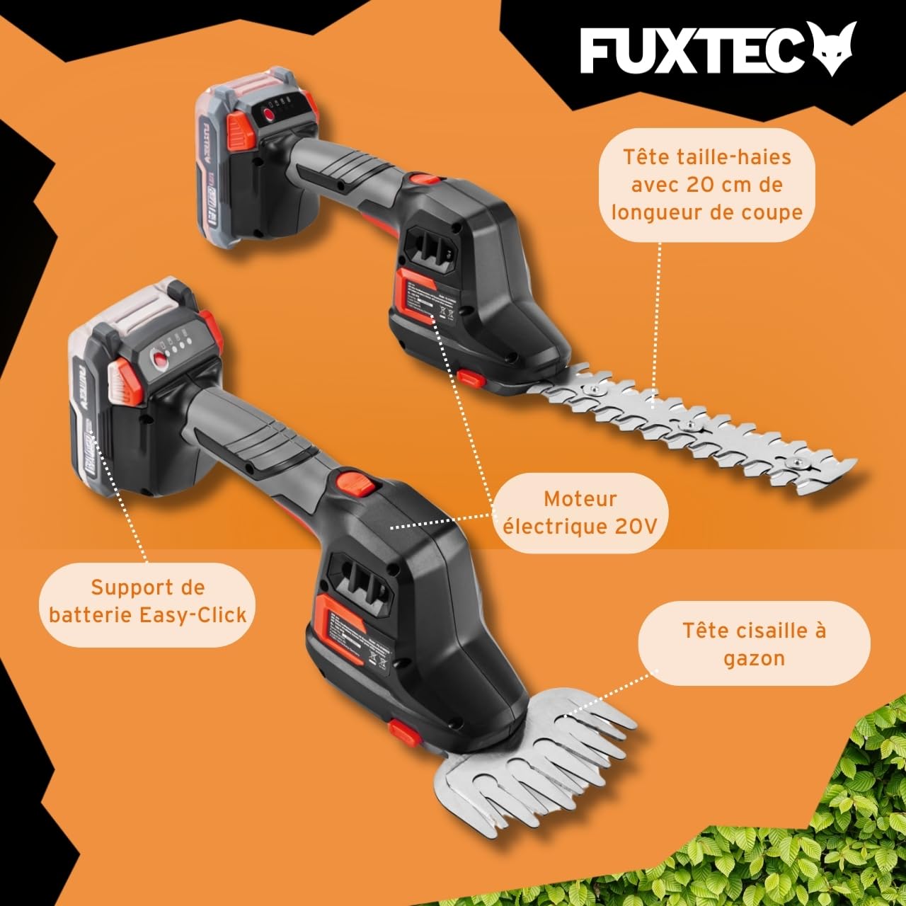 FUXTEC Taille-Haies Manuel sur Batterie 20V FX-E1HHS20-0,67Kg de Poids, Taille de Guide de 20cm, diamètre de 10,5cm, densité Max. de Branches 7,8mm