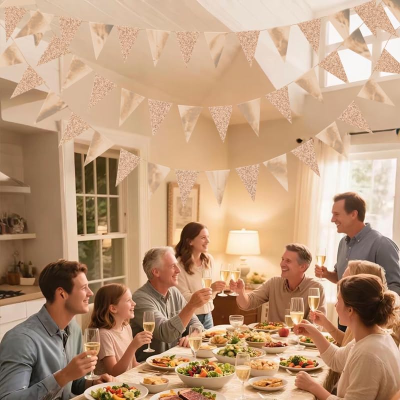 Image of Champagne Hanging Triangle Flag Pennant Garland Champagne Hanging Paper Pennant Streamer Paper Triangle Flag Bunting Banner for Graduation Wedding Engagement Birthday Party Decor 30 Feet