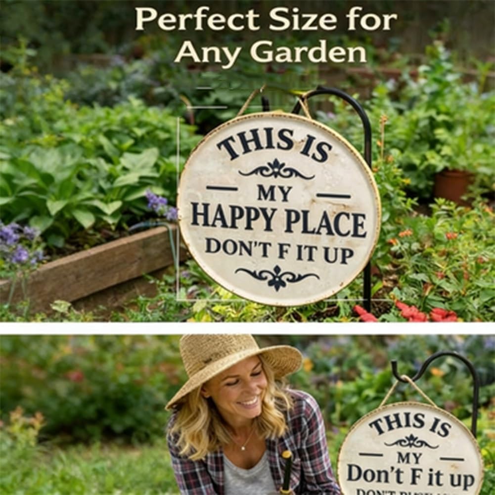 Funny Garden Metal Sign -"This Is My Happy Place Don't F*ck It Up" Vintage Decor, Print Aesthetic Room Decoration Welcome Round Sign for Home Garden Farm Bar or Coffee Wall Decor(1PC,12 * 12in) — view 6