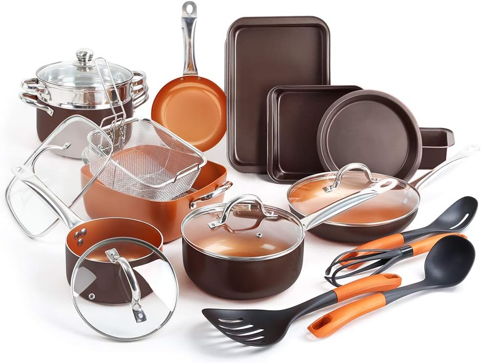SHINEURI 23 Pieces Nonstick Ceramic Copper Cookware Set, Pots and Frying Pans Set, Square Pan and Bakeware Set, Kitchen Cooking Utensils Fry Pan with Glass Lid for Induction, Gas, Electric & Stovetops