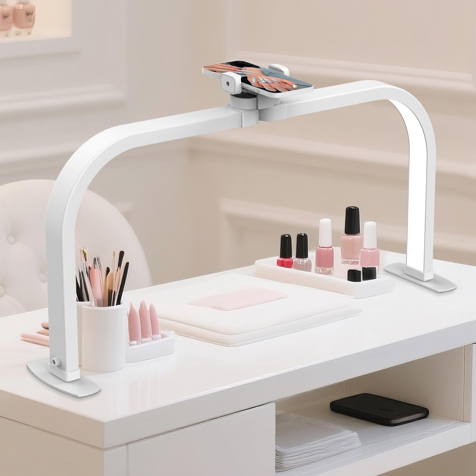 GraceGlow Half Moon Lamp for Nail Desk, 29 Inch LED Nail Table Lamp for Nail Tech with Phone Holder, Foldable Estheticians Manicure Lamp for Tattoo, Eyelash Extension, Beauty Salon (White)