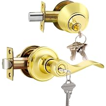 Keyed Entry Door Lock Set Gold, Double Cylinder Deadbolts, Keyed Alike Exterior Door Lock, Reversible Door Handles, 1 Pack