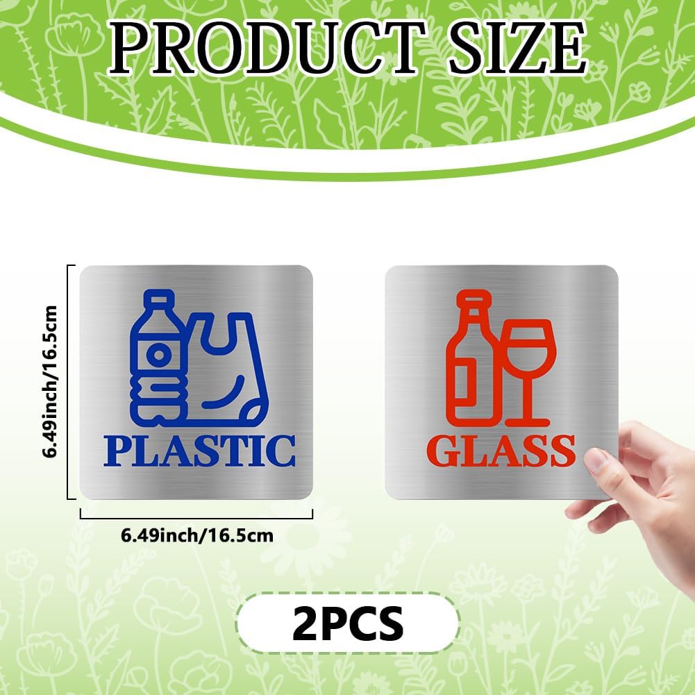 2Pcs 2 Styles Glass Recycling Stickers for Trash Can 6.5 Inch Plastic Recycling Signs Square Self-Adhesive Waterproof Garbage Sorting Decals for Outdoor Kitchen Business Office Waste Bins