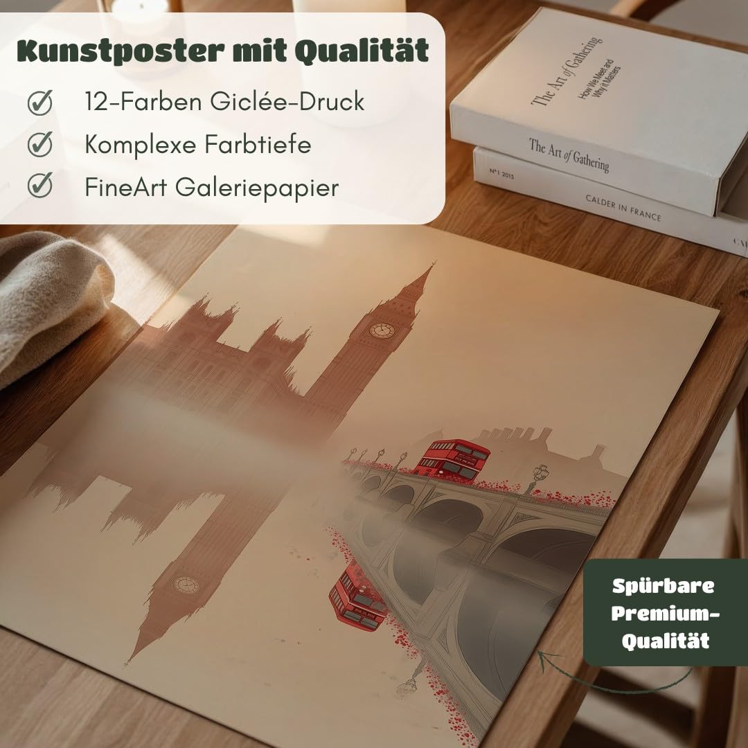 MJ-GRAPHICS® Poster Big Ben Kunstdruck London Bus Wandbild minimalistisch Beige Wohnzimmer Deko reflektierende Szene urbaner Stil klassisch urbane Ästhetik A2 mit braunem Rahmen