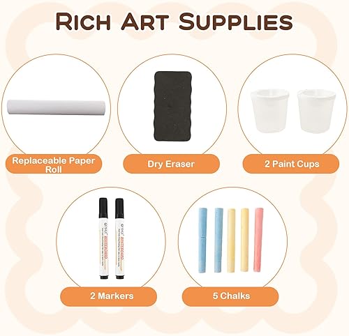 Miniatura 5 de Costzon Caballete para niños, centro de arte de madera con pizarra y pizarra blanca de doble cara, rollo de papel para dibujar, manualidades,