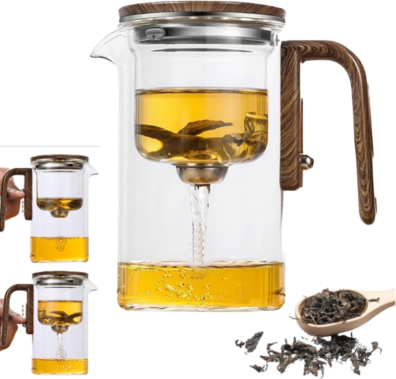 Water Separation Glass Teapot with Wooden Handle,Glass Teapot with Infuser Strainer,Press Control Magical Teapot Glass,Enchantipot Magic Tea Pot,Filter Teapot with Dual Infusers (720ML)