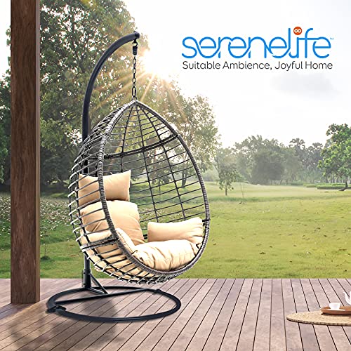 Serenelife Hanging Egg Indoor Outdoor Patio Wicker Rattan Lounge Chair With Stand, Steel Frame, Uv Resistant Washable Cushions For Garden Backyard Deck Sunroom, Black+Brown #TOP7