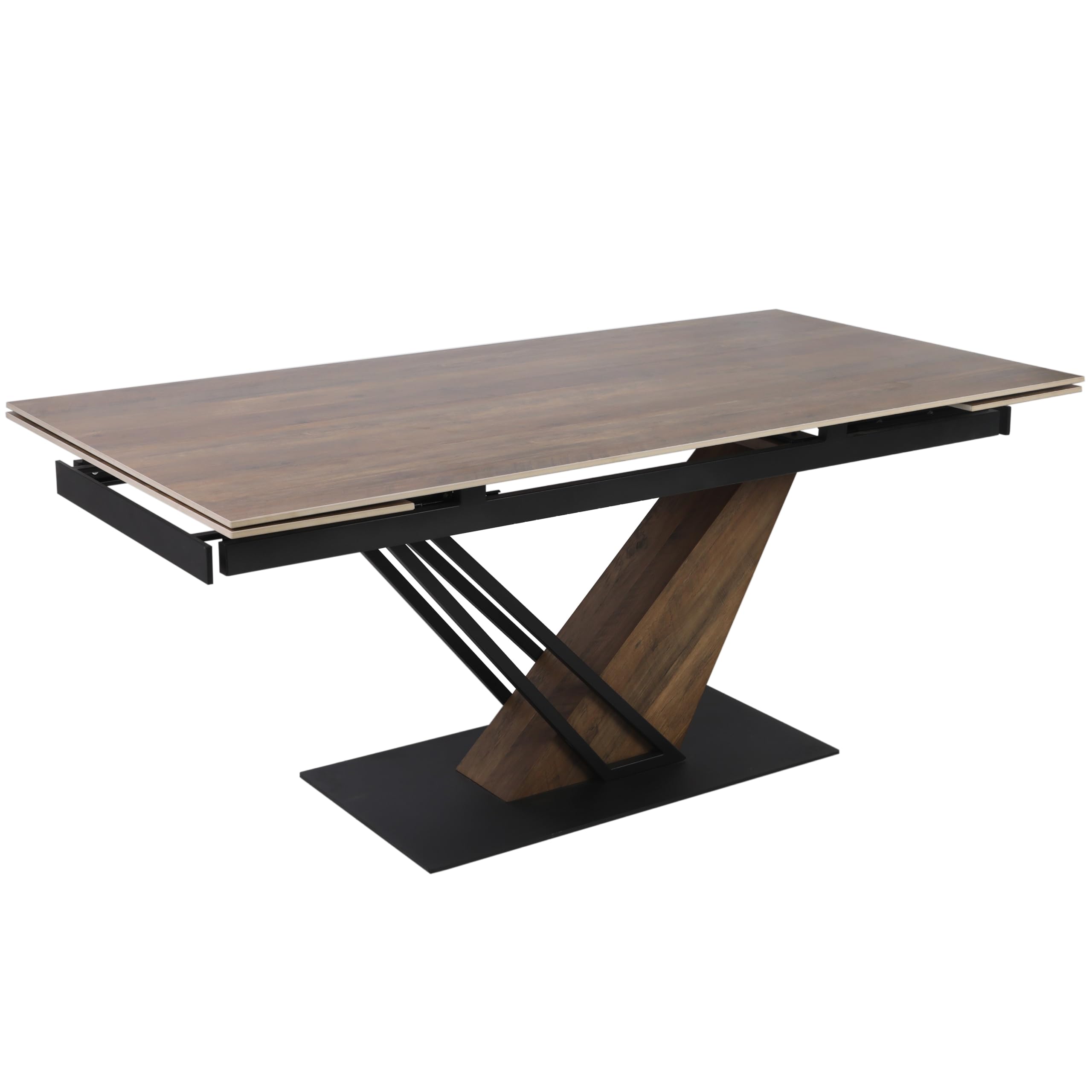 Casa Vital Marna Table de salle à manger extensible avec plateau en céramique aspect chêne 180-240 cm, 2 étagères, structure en métal avec revêtement en poudre, centre moderne, capacité de charge de