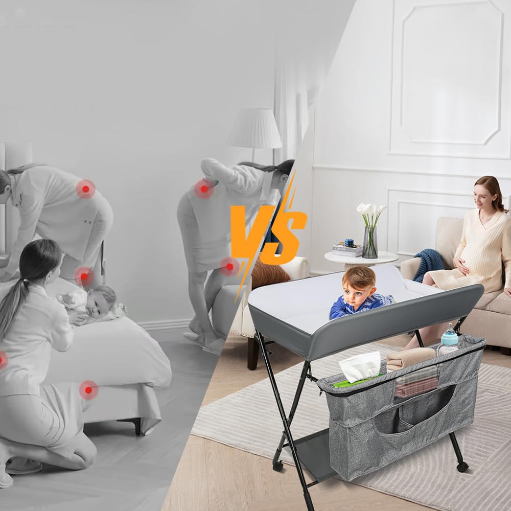 Fasciatoio Neonato Pieghevole, Fasciatoio Portatile con Altezza Regolabile a 4 Livelli,Altezza Regolabile,Fasciatoio Neonato con Ruote di Bloccabili,Ripiano,Porta Asciugamani
