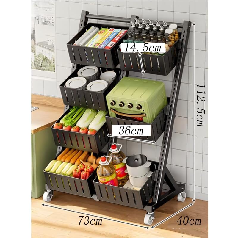 Zfmnoyev Fruit Vegetable Storage Basket for Kitchen, Snack Storage Rack, Toy Organizer Box, 360° Universal Wheel, with Pull-Out Baskets (Color : Black, Size : 73x40x112.5cm-A)