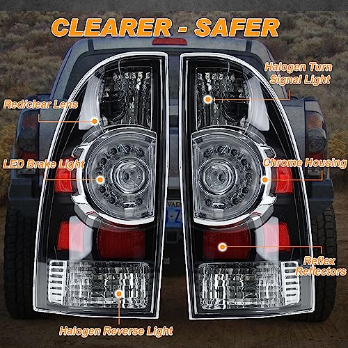 Image of Tail Lights Compatible With 2005-2015 Tacoma (Black Housing Style) | Driver and Passenger Side, LED and Halogen, w / Bulb and Harness, Taillight Brake Signal Assembly
