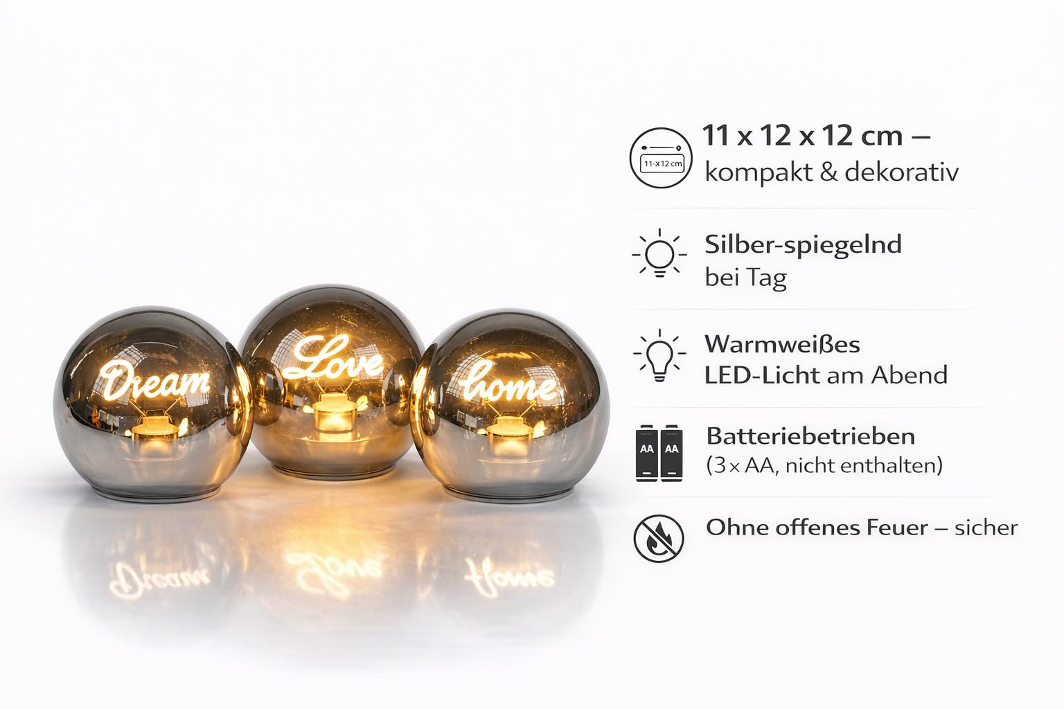 formano Set di 3 palline decorative a LED con scritta Dream + Love + Home 12 cm – Luce d'atmosfera bianca calda, funzionamento a batteria, argento specchio di giorno, per tavolo, davanzale e scaffale