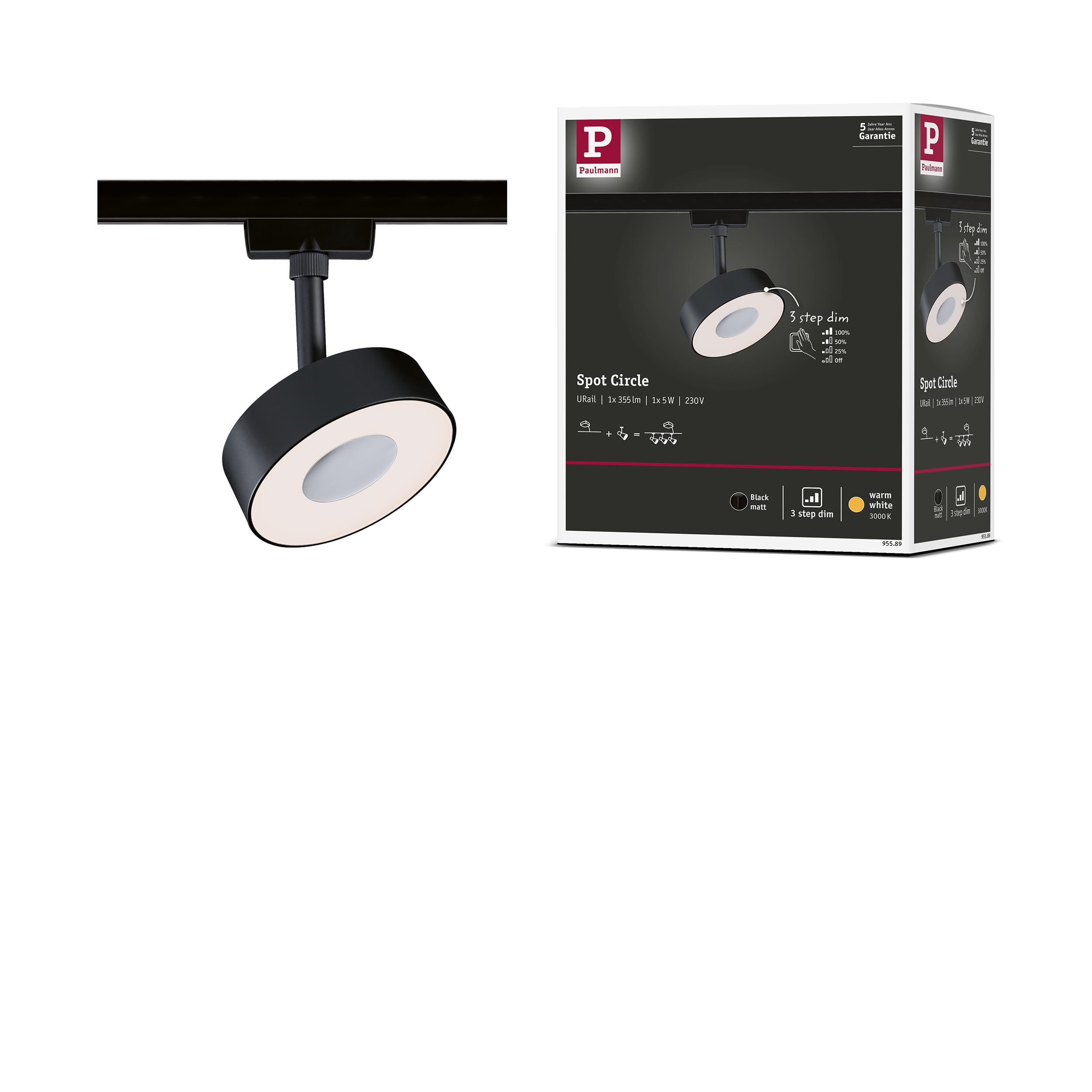 Paulmann 95589 3-Step-Dim Circle URail LED Rail spot 160lm 5W 3000K dimmable 230V Black matt Rail System