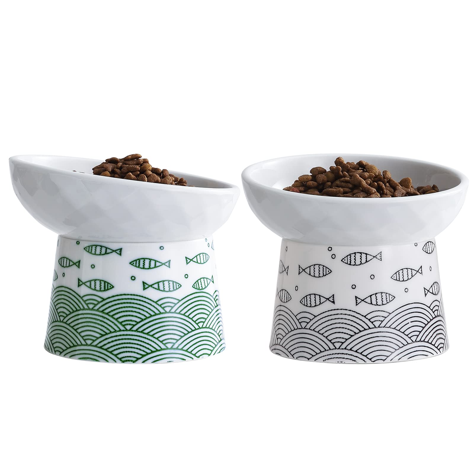 Tilted Elevated Ceramic Cat Bowls, Raised Food and Water Bowl Set for Cats & Small Dogs, Stress Free, Backflow Prevention, Protect Cat's Spine, Lead &