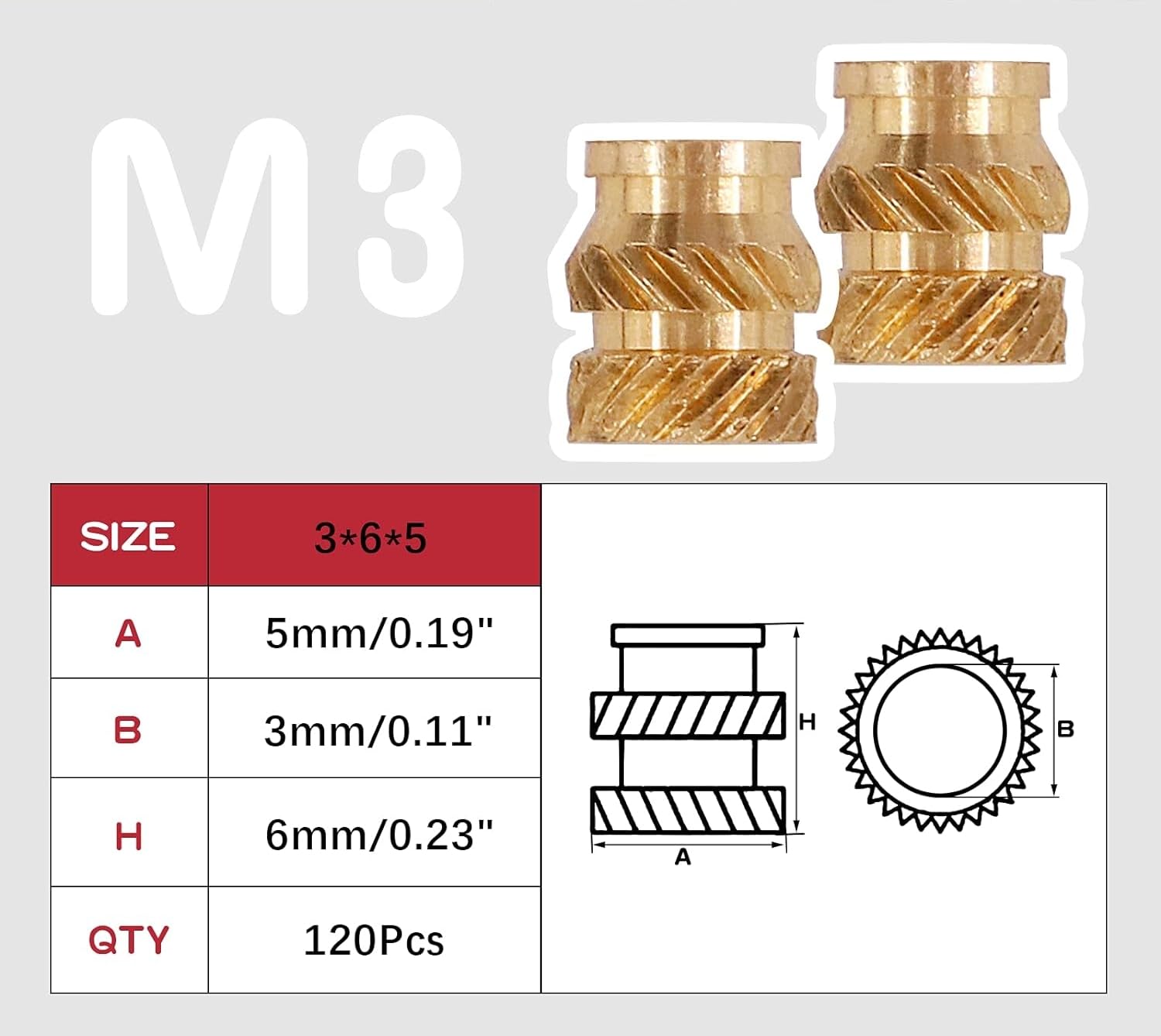 Press Insert, M6-1.00 Int Thrd Sz, 1/2 in L, 8.3 mm Dia., Brass, Plain, 25 PK