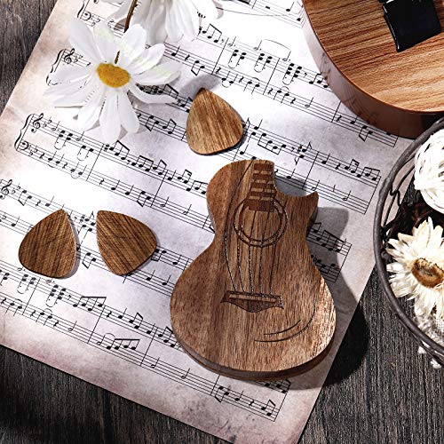 Guitar Pick Box Holder With 3 Pcs Wooden Guitar Picks, Wooden Collector Engraved Guitar Pick Box Classical Triangle Guitar Picks For Present Music Instrument Guitar Bass #TOP1