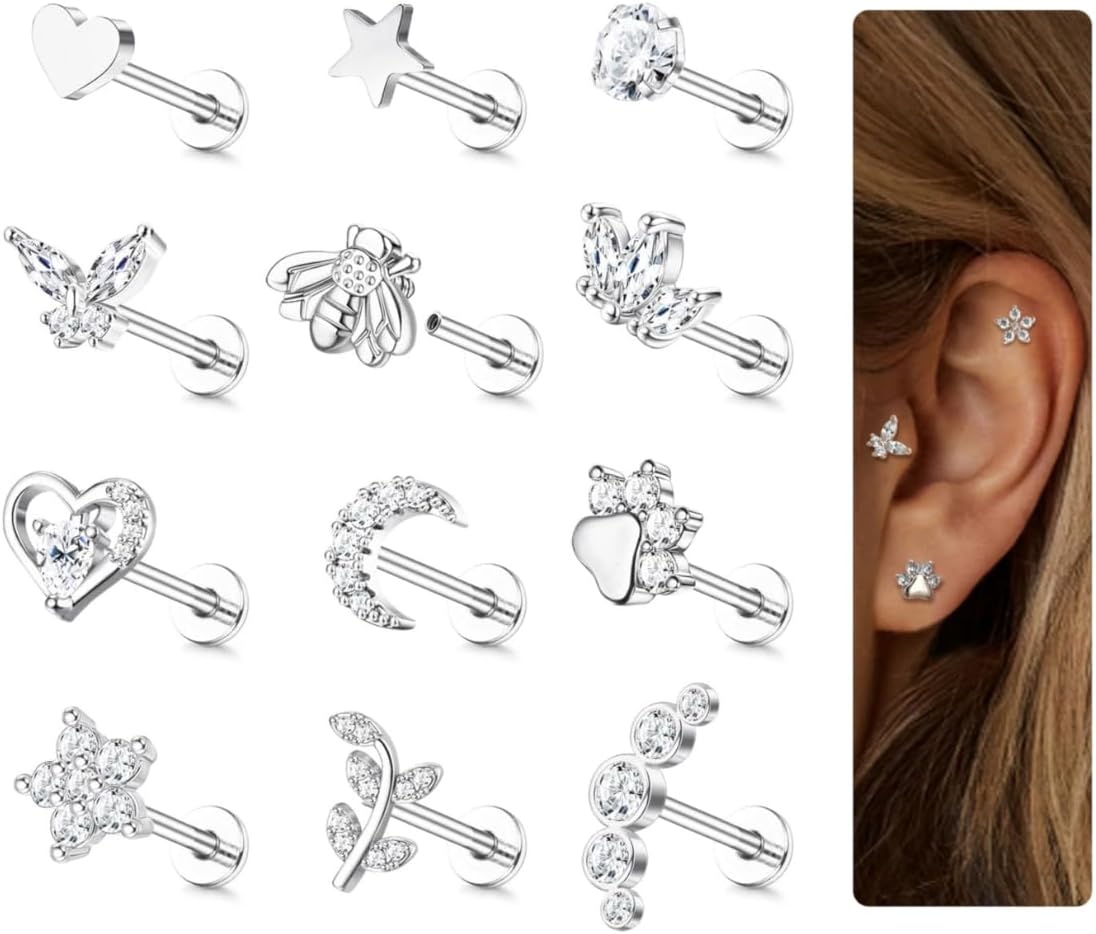 YADOCA 12Pcs Flat Back Stud Earrings Hypoallergenic Surgical Steel Stud Earrings for Women 14K Gold Filled Earrings 18G 16G Cartilage Medusa Conch Helix Tragus Piercing Jewelry 6mm 7mm 8mm 10mm Length