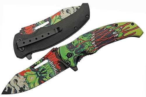 SZCO Supplies 8.5" cuchillo plegable verde de la cerradura EDC del trazador de líneas del cráneo del zombi con el clip del