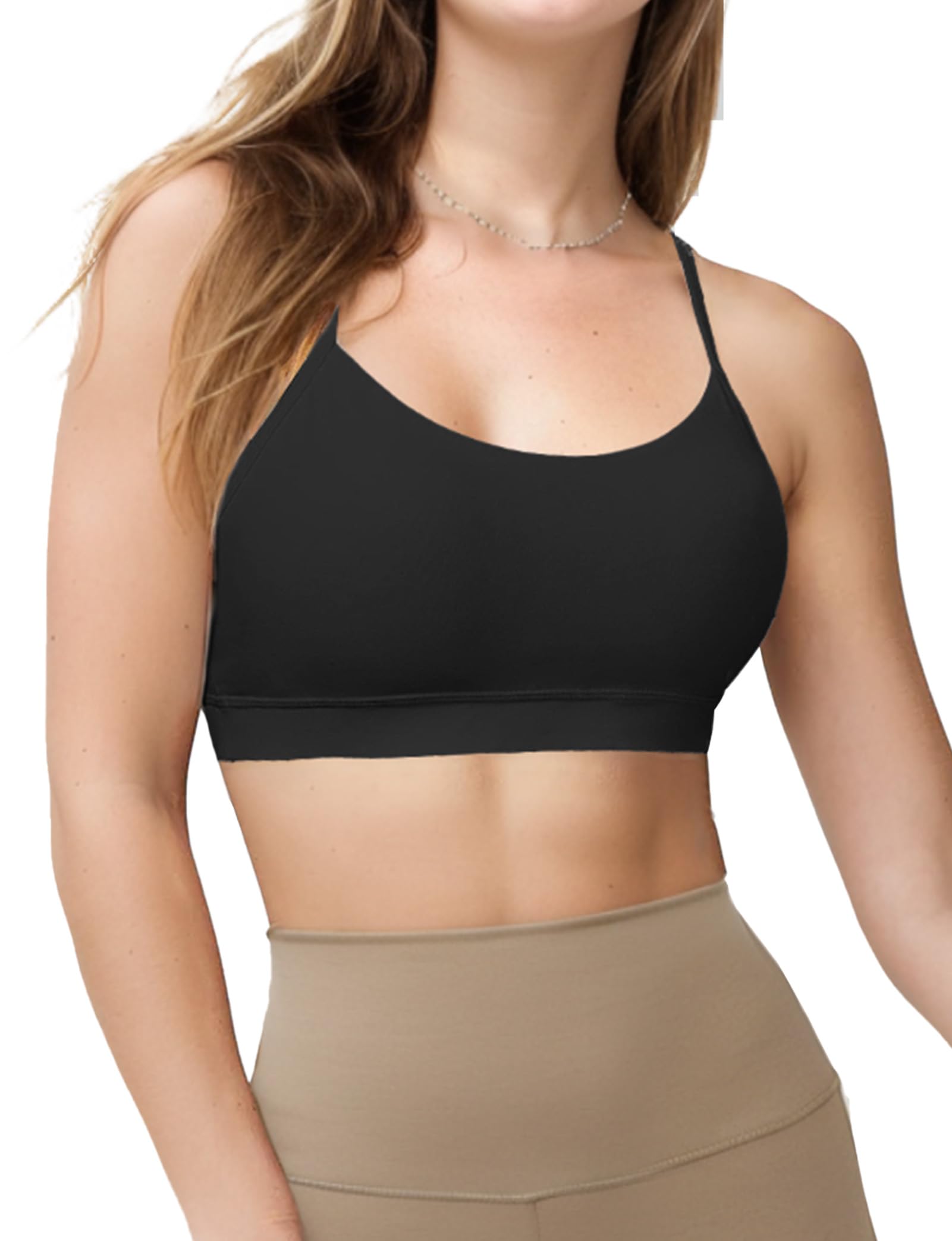 Buauty Lot de 2 soutiens-gorge de sport dos en Y pour femme, soutien-gorge rembourré à faible impact, dos nageur, bretelles spaghetti, haut d'entraînement pour femme, 2P-Noir+Blanc, Taille XS