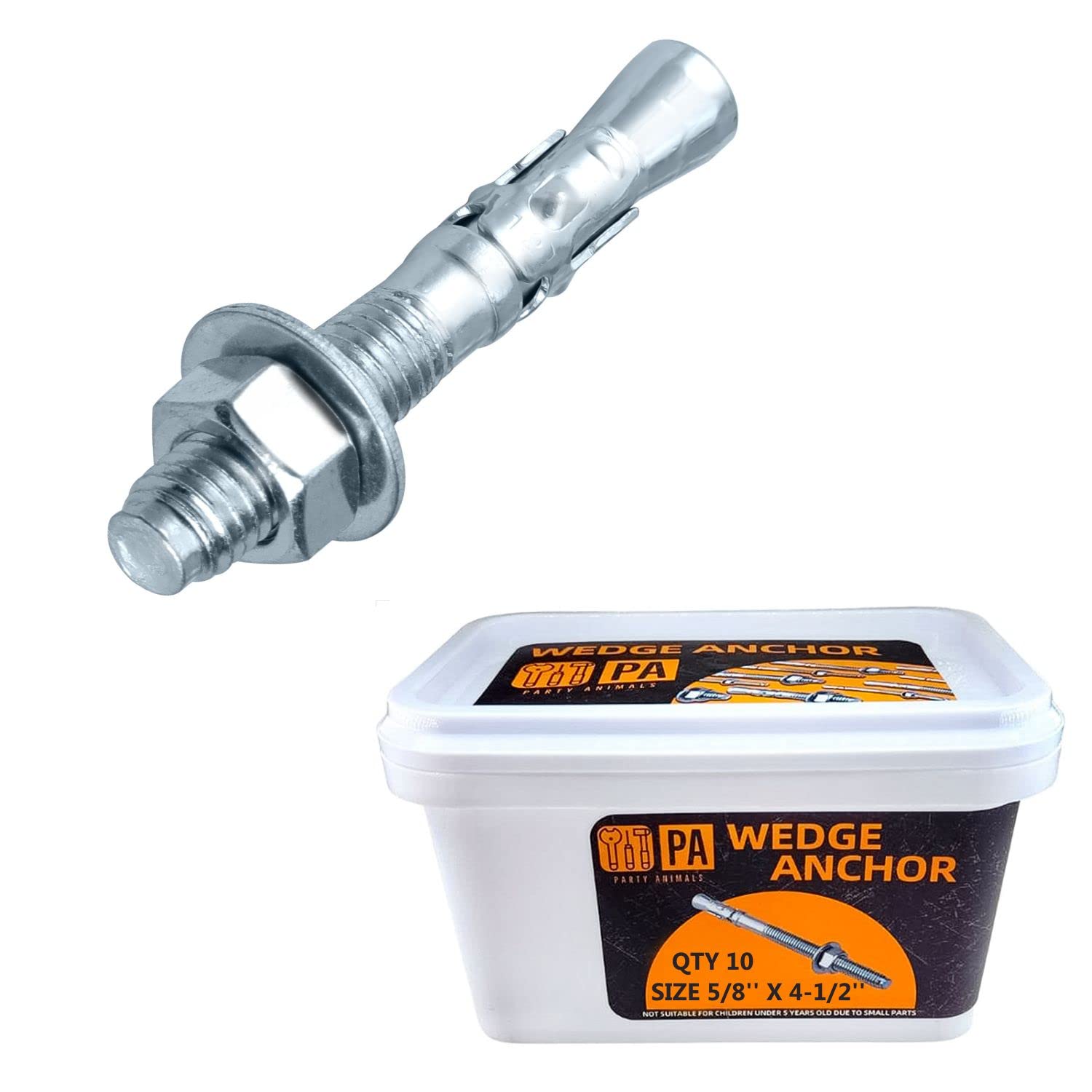 Party Animals 5/8 x 4-1/2 Inch Wedge Anchor, 10 PCs Zinc-Plated Industrial Anchor Bolts for Cement, Concrete