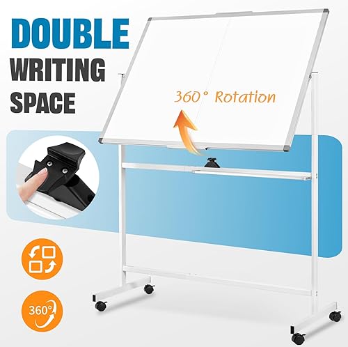 Miniatura 2 de Pizarra blanca grande de 48 x 36 pulgadas, rotación de 360 con soporte, caballete de pizarra blanca de doble cara sobre ruedas, pizarra grande de